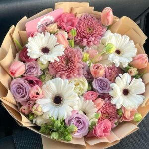 Bouquets of pink and white flowers