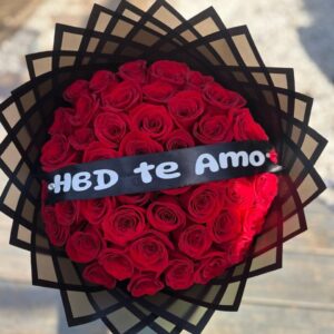 Bouquet of red roses with ribbon