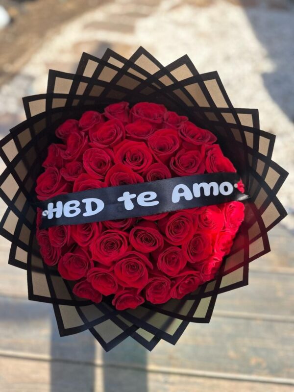 Bouquet of red roses with ribbon