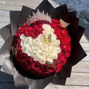 Heart-shaped rose bouquet and wreath