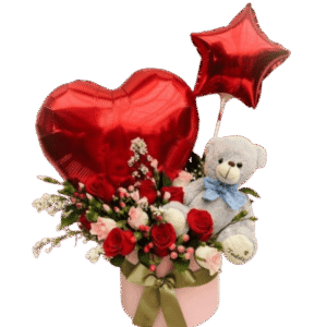 Bouquet with teddy bear and balloons